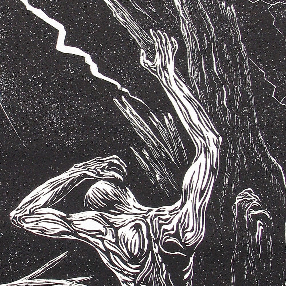 Original Woodcut Print Classic Black White Male Model Pose Tree Struck by Lightning Night