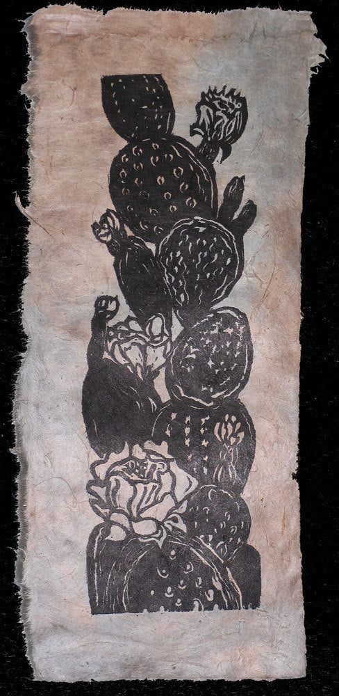 Original Woodcut Print Art Blooming Prickly Pear Cactus Mojave Desert on Woodblock Lotka Paper