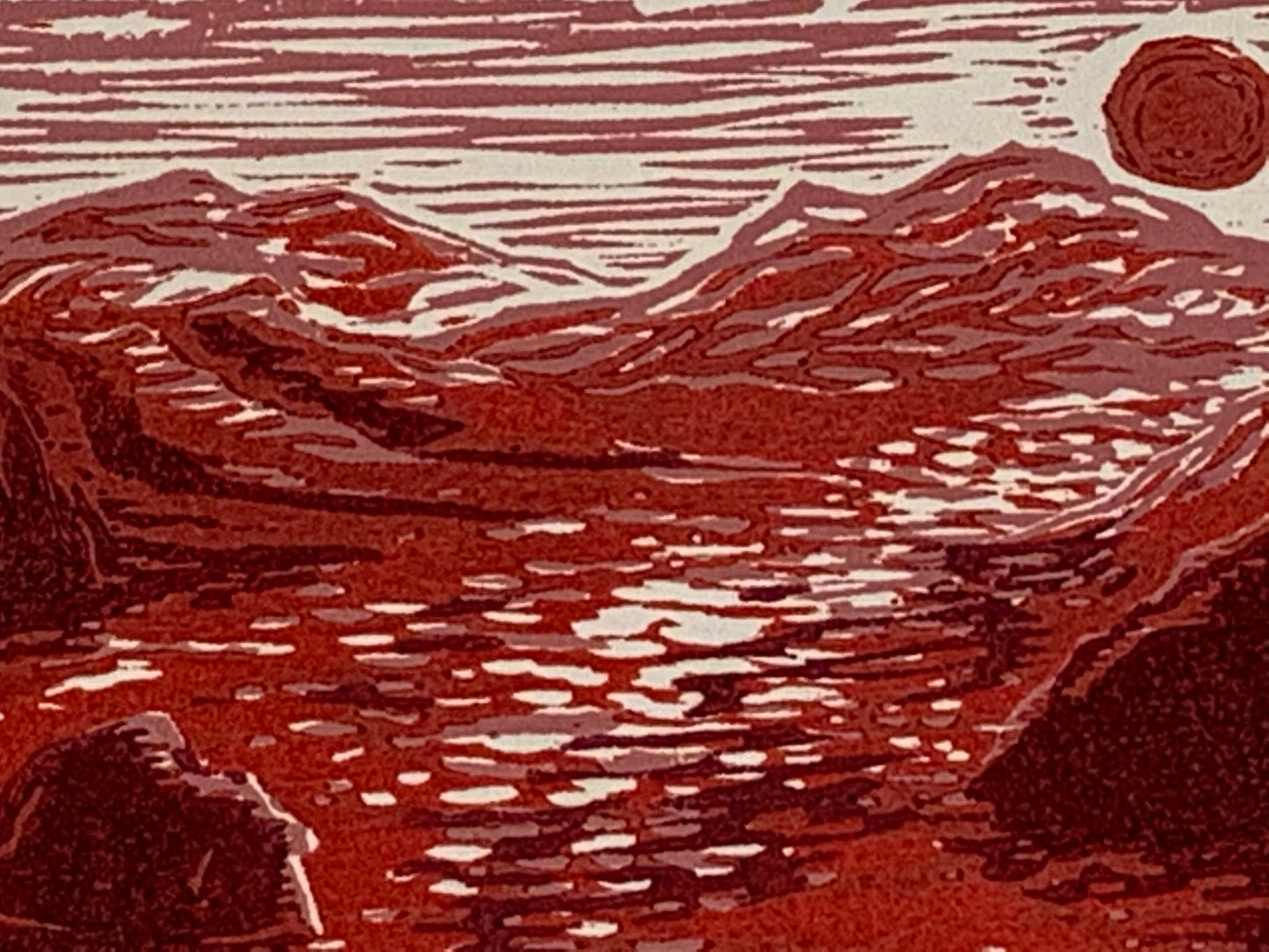Lake Sunrise Original Color Woodcut Print Red Landscape Children Art