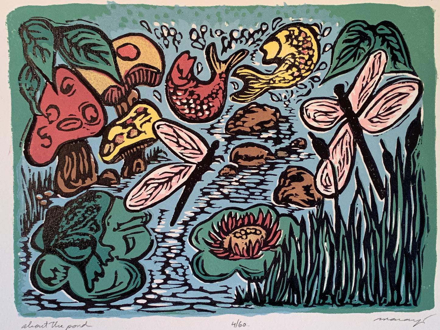 Bright Color Original Woodcut About the Pond Child Art Frog Fish Dragonfly