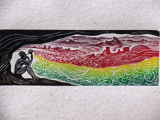 Flower Wizard Surreal Color Figure Woodcut on Hand Made Paper Flute Player