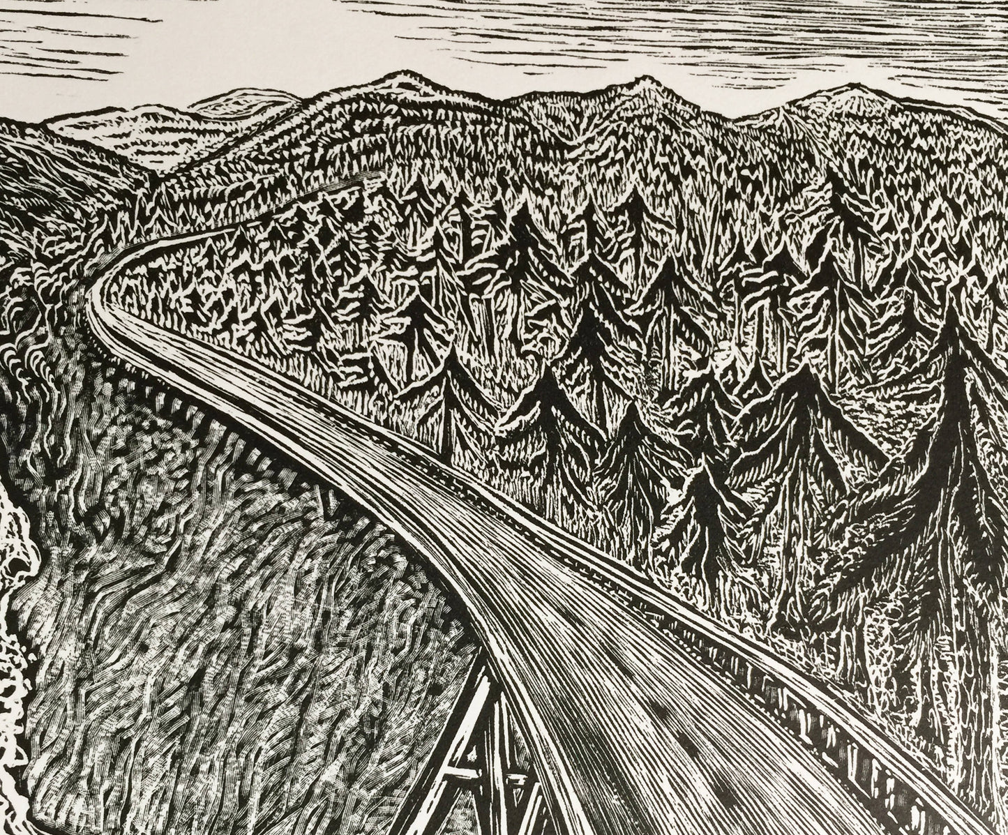 Crossing Paths Original Wood Engraving Road River Railroad Travelers Landscape