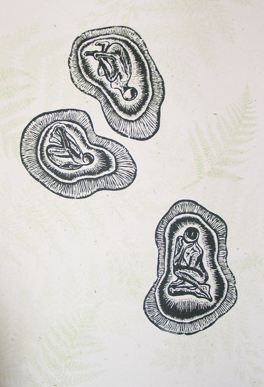 Woodcut Print Original Wood Engraving Three Seeds Surreal Child Figures in Pods