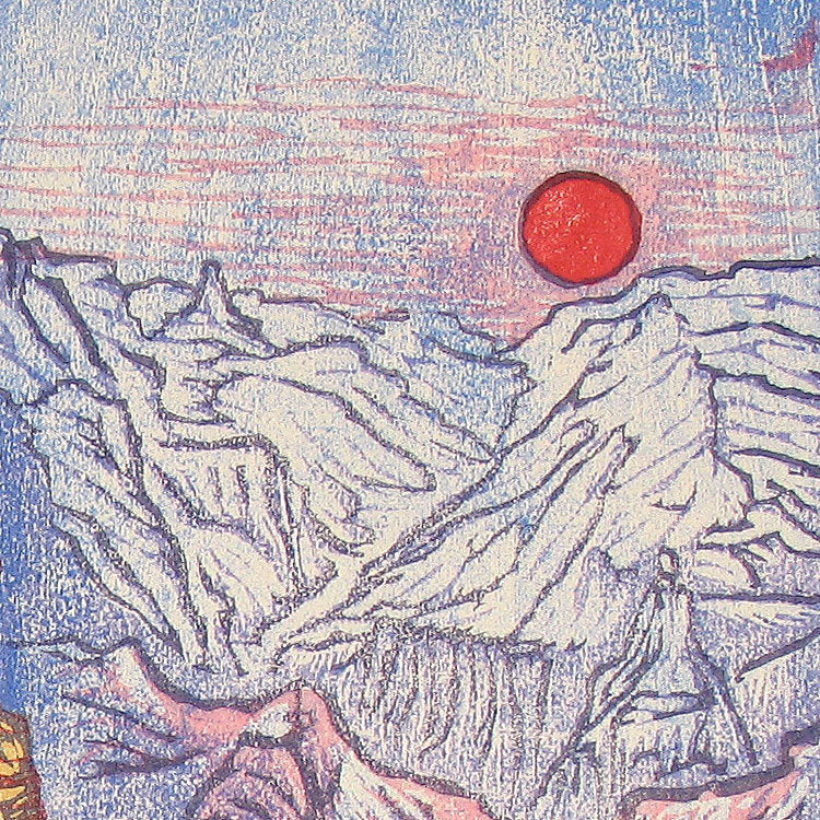 Color Woodblock Print Grand Canyon Sunset Blues Woodcut Sandstone Sunset Cliffs