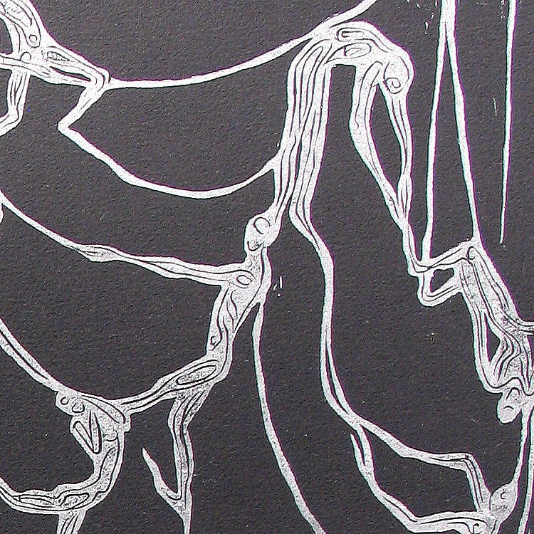 Woodcut Print Original Art Surreal Large Figures Spider Web Silver Ink on Black Paper
