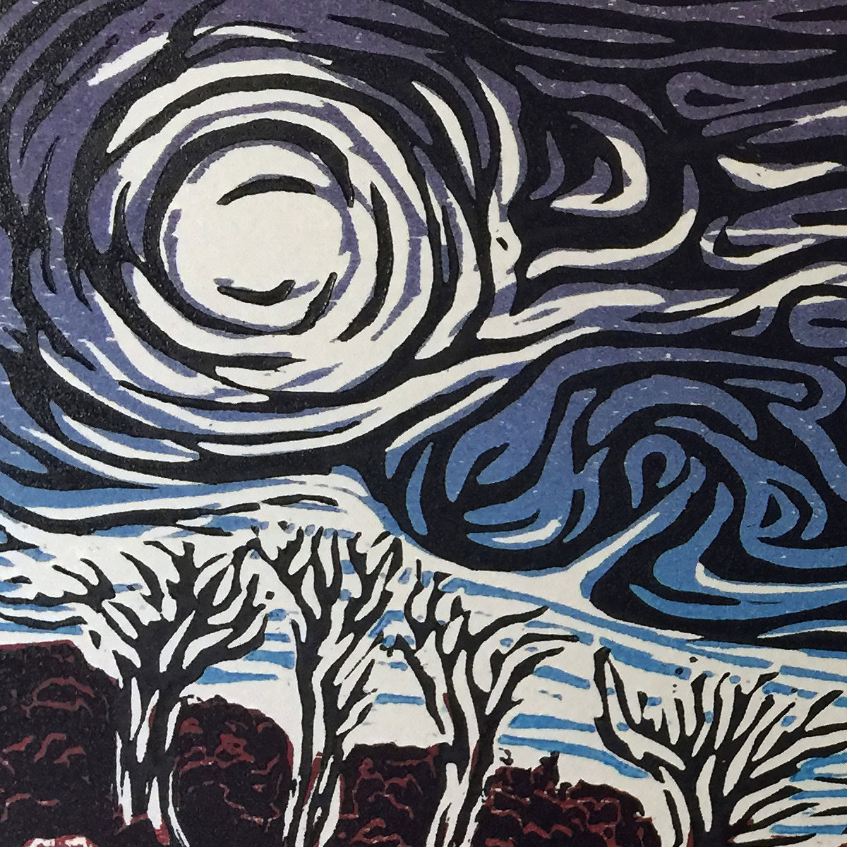 Angry Skies color woodcut Southwest desert landscape winter winds