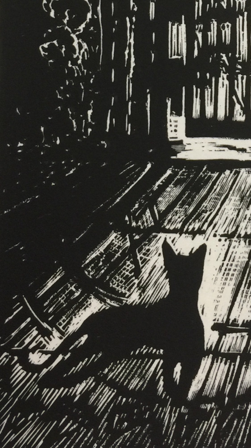 Cat Under Lampost Light Original Print Wood Engraving Woodcut Still of the Night