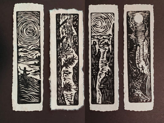 Hikers SET 4 Original Woodcut Prints Day in Nature Collection Black
