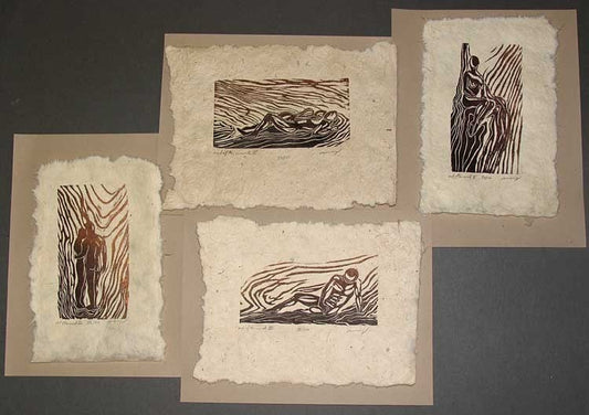 4 Woodcuts Collectors Set Classic Figures Earthtone Handmade Paper Copper Umber