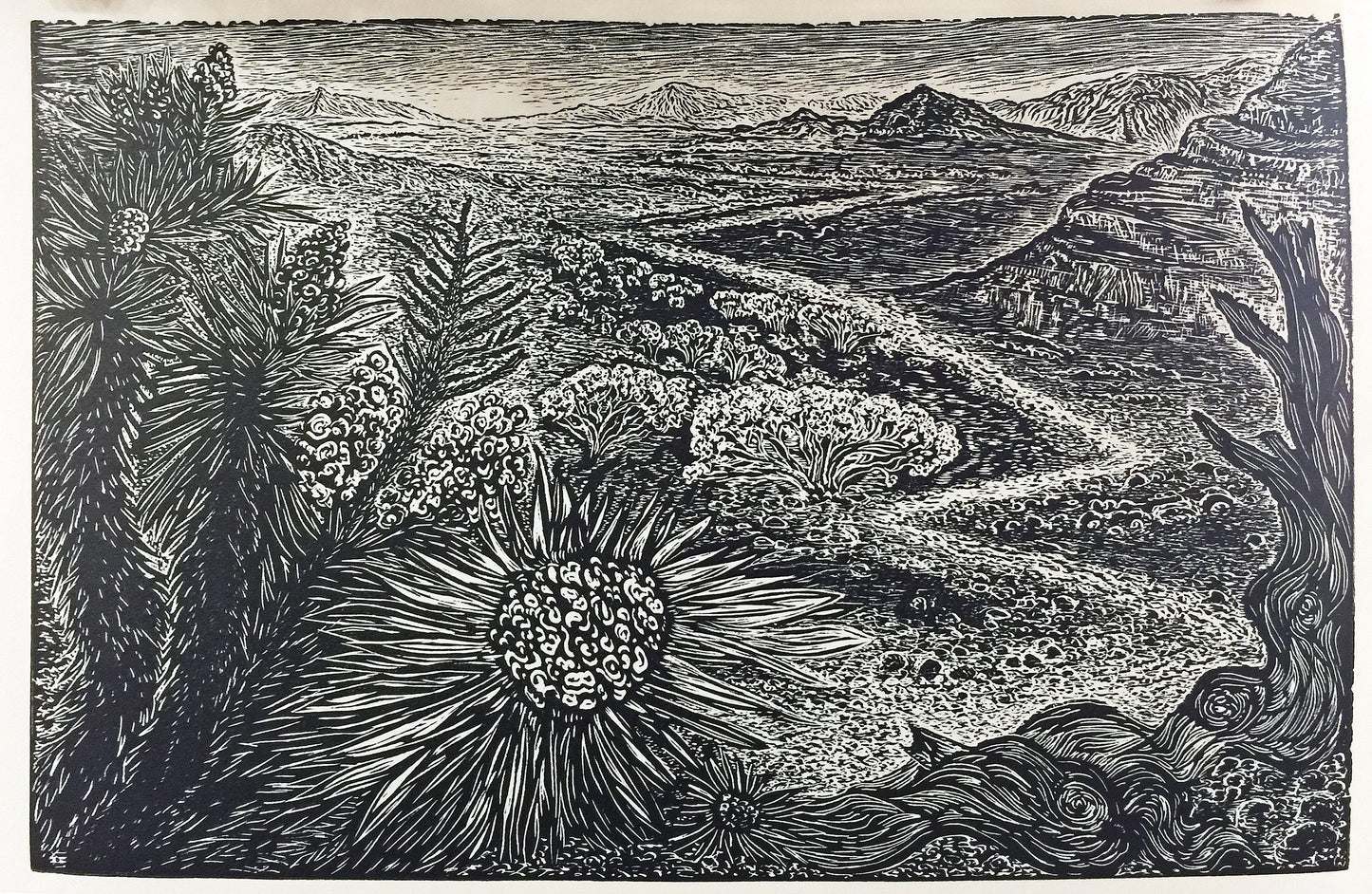 Not Too Far To Walk Original Wood Engraving Print Hiker Traveler Southwest Landscape