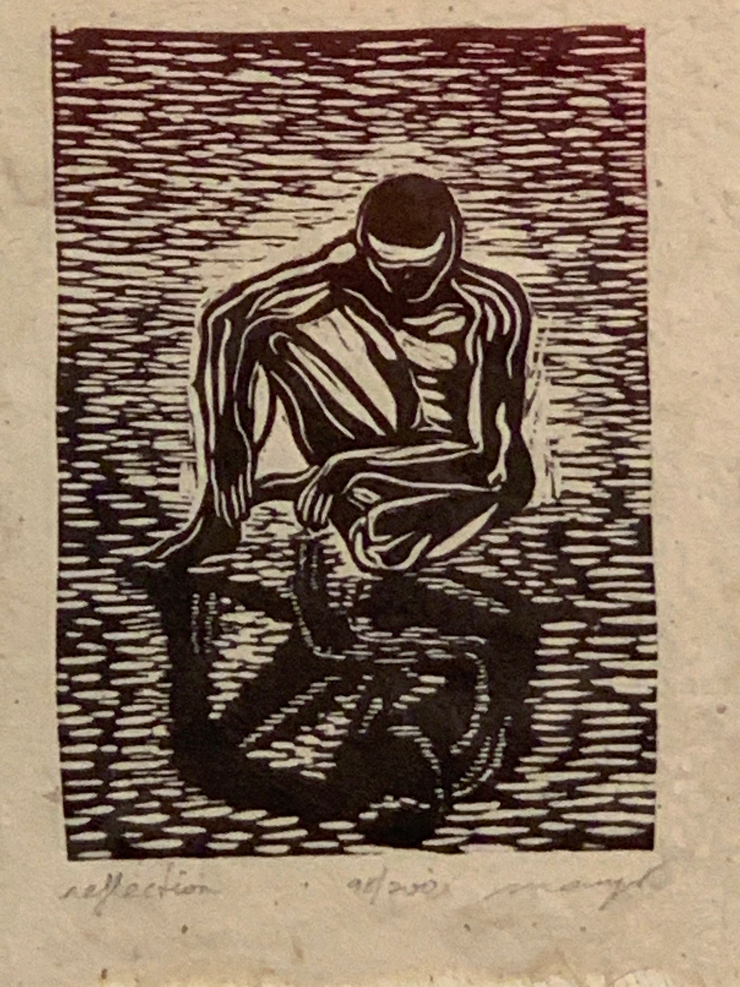 Woodcut Original Print Male Classic Model Pose Reflection The Thinker Red Sky