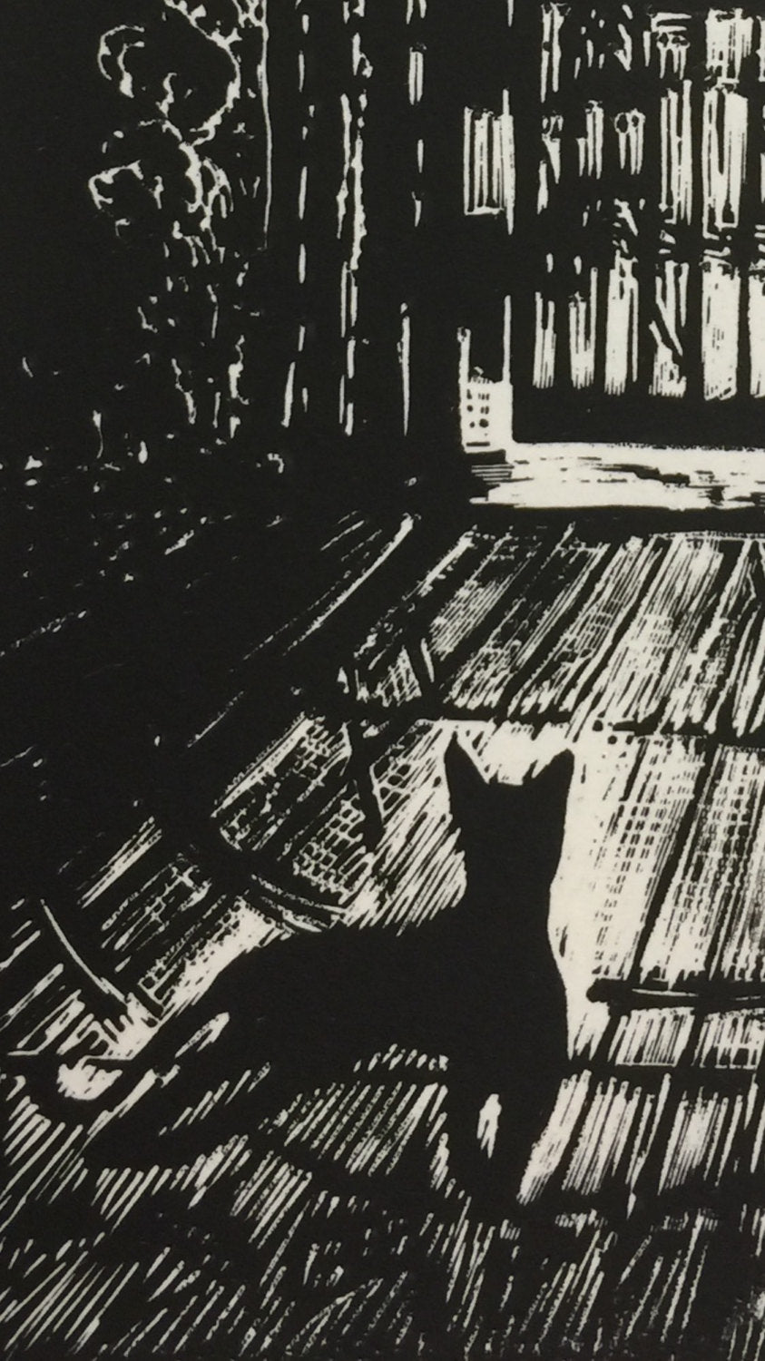 Cat Under Lampost Light Original Print Wood Engraving Woodcut Still of the Night