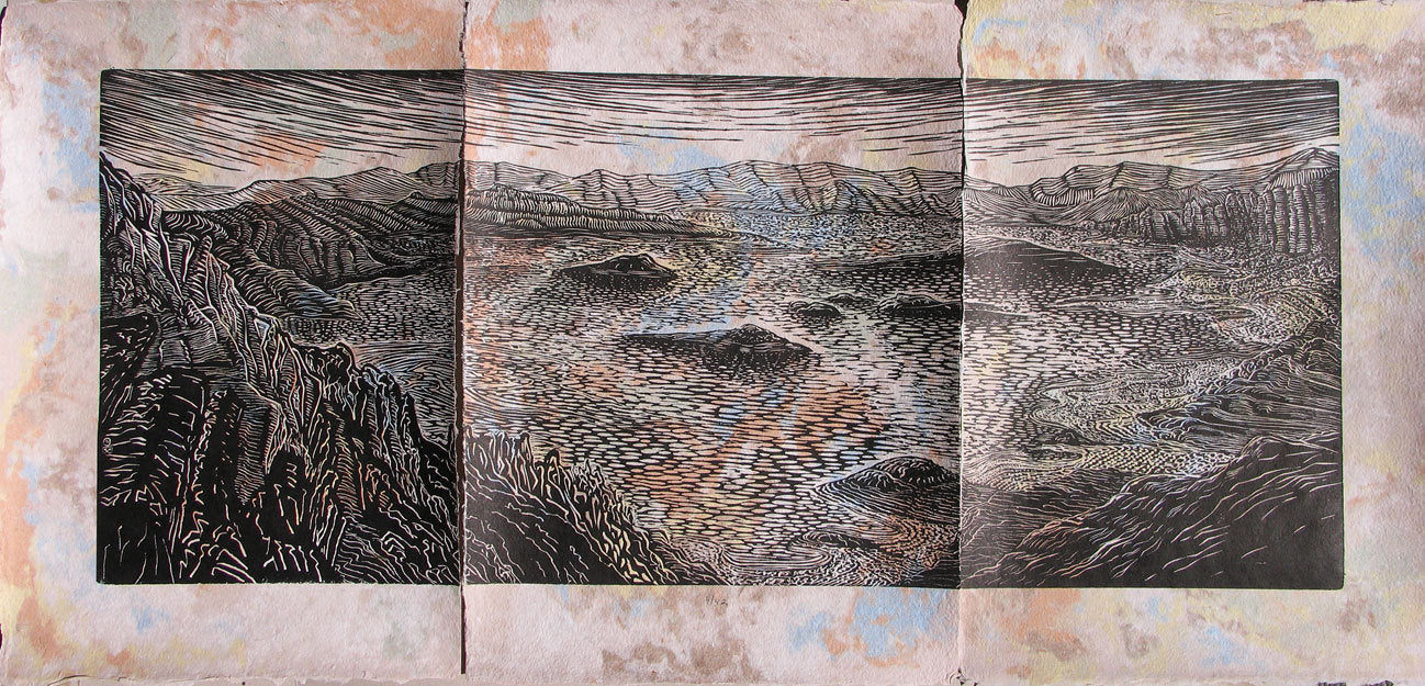Woodcut Print Southwest Mojave Desert Landscape Classic WoodblockLake Mead View on Handmade Paper