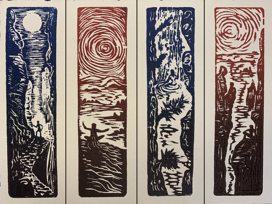 SET 4 Original Woodcut Prints Day in Nature Collection for Hikers and Tree Huggers