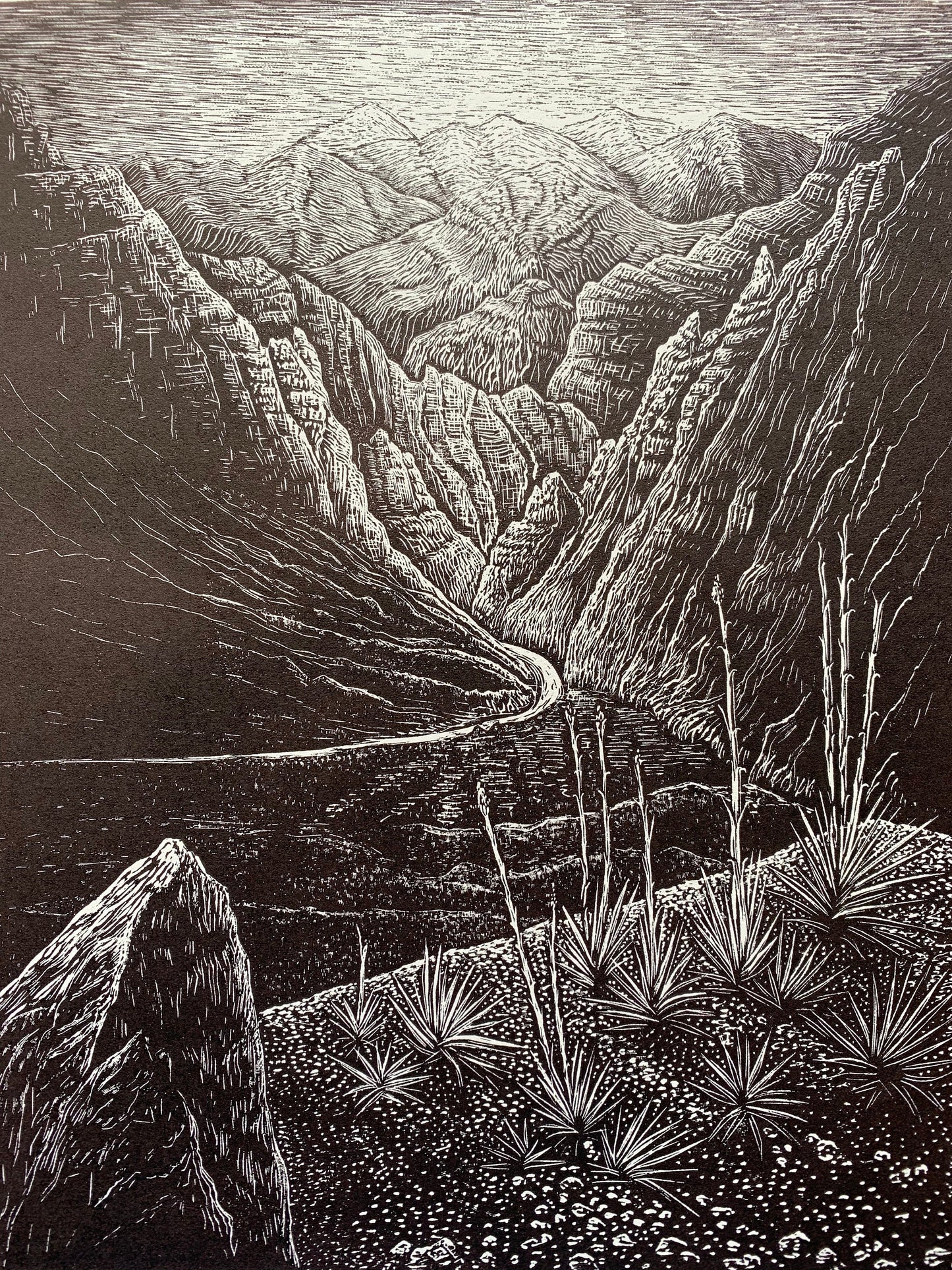 Wood engraving Print Original Woodcut Follow the Light Wood Engraving Southwest Desert Nevada Landscape