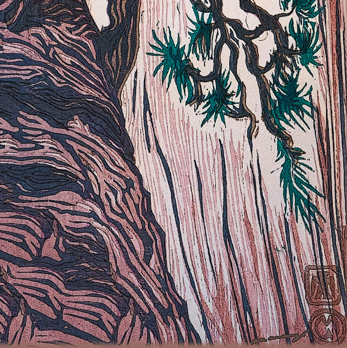 Cliff Hanger ART CARD Canyon Pine Tree Japanese Woodcut Color
