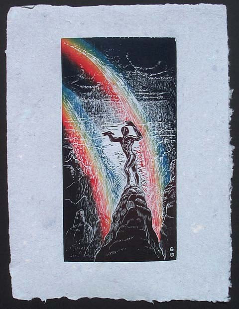 Original Color Woodcut Print Art Wizard Rainmaker Surreal Figure Storm Rainbow