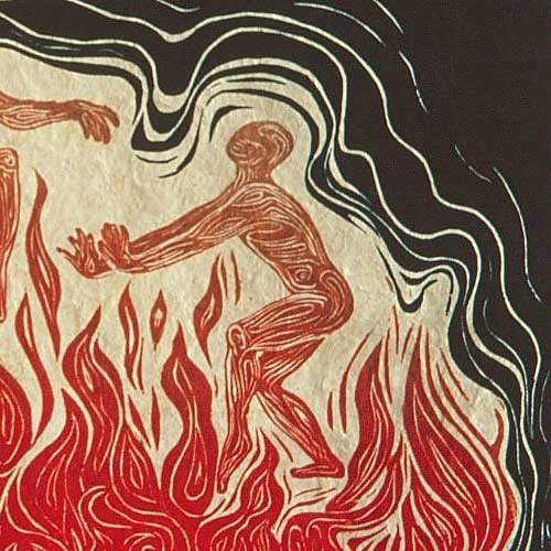 Woodcut Print Red Umber Color Woodblock Surreal Night Scene Figures Playing With Fire in Cave