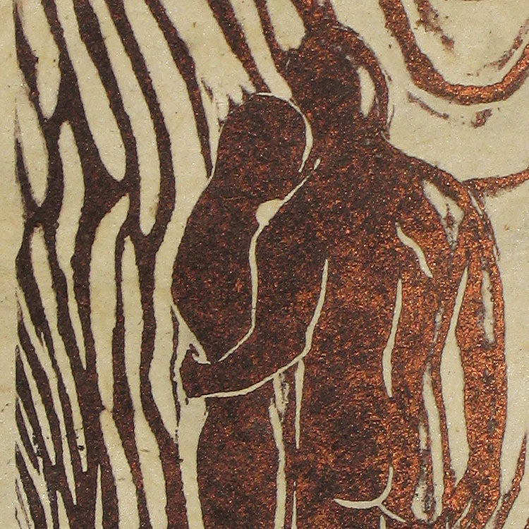 Couple Together Hopeful Look to Future In Love Original Woodcut Handmade Paper