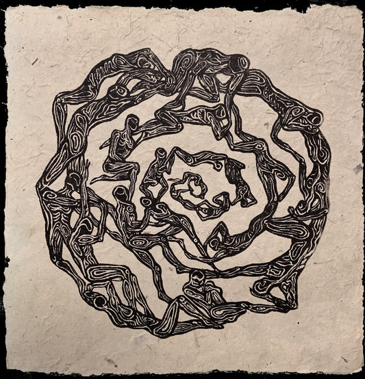 Original Woodcut Fragile print on handmade paper Daphne mandala of connected figures 10x10 inches