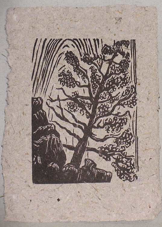 Original Woodcut Print Landscape Lone Pine in Zion National Park Canyon Wall