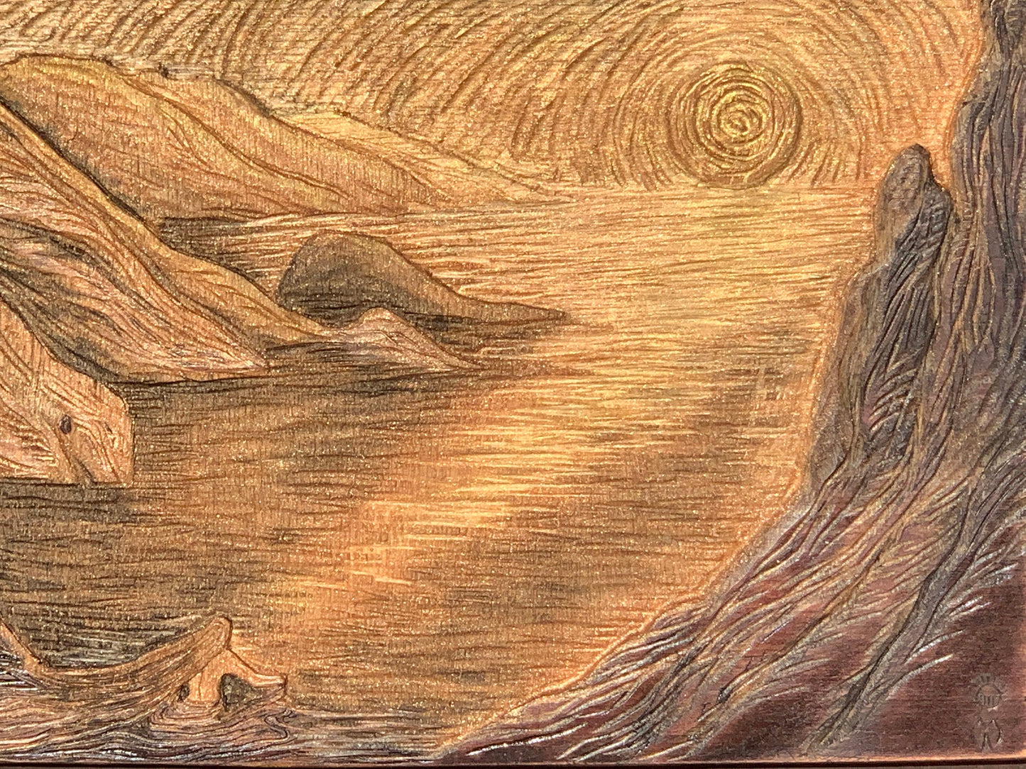 Hija del Sol Original Surreal Woman with Sunset Lake Hand-carved Cherry Woodblock Gold Copper Umber