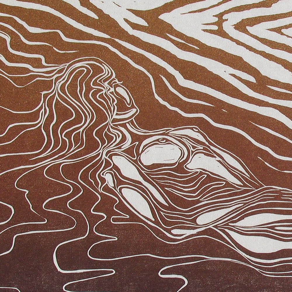 Fine Art Print of Lady of the Wood woman in classic pose nature lover woodgrain in copper and gold