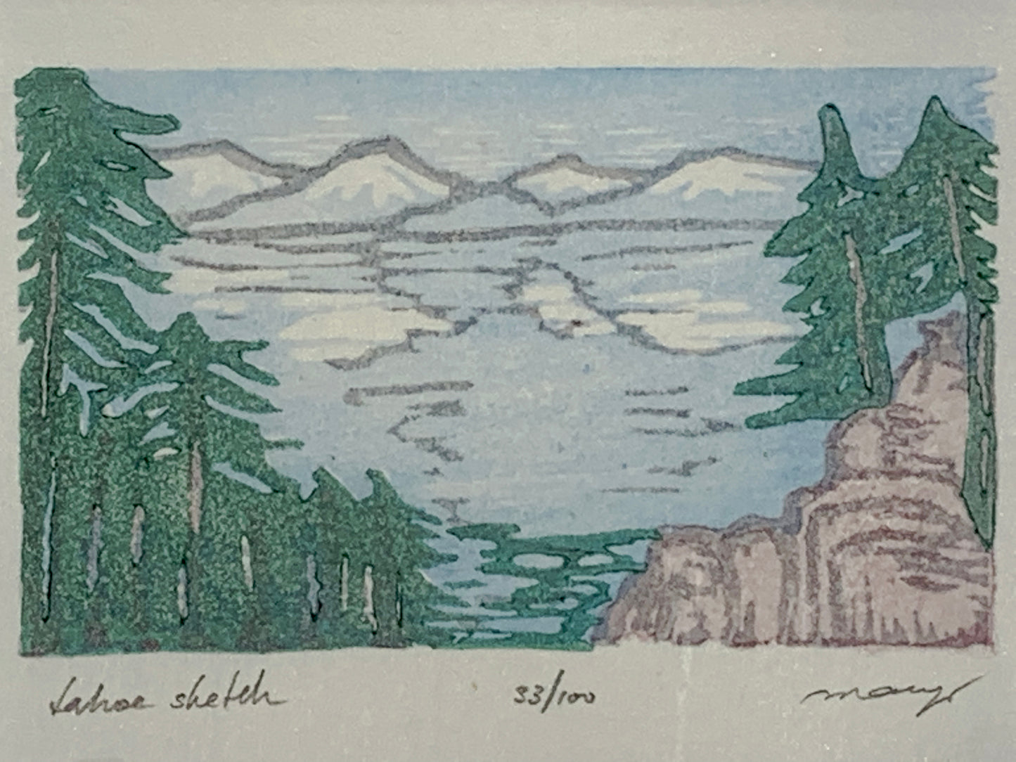 Tahoe Sketch Blue Lake Pine Trees Watercolor Original Woodblock Print