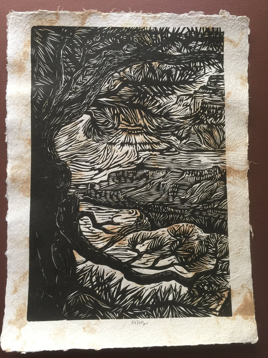 Grand Canyon Through the Trees Colorado River Original Woodcut Handmade Paper