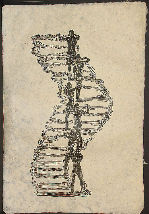 Woodcut Print Original Woodblock Art Surreal Male Figures Classic Pose Human Tower on Fiber Handmade Paper