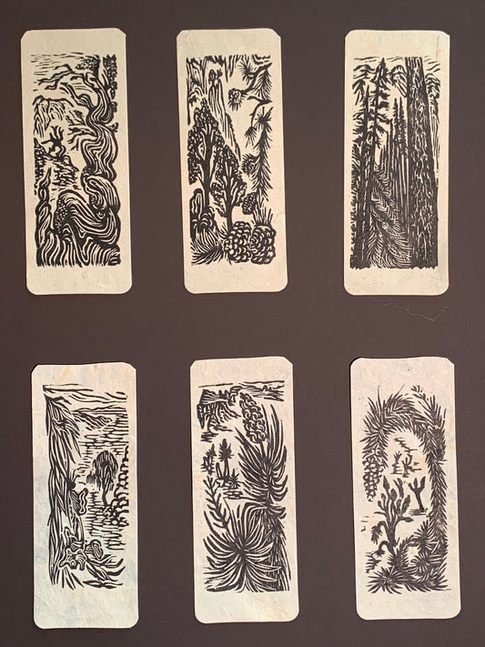 6 Small Woodcut Print Collectors Set Southwest Desert Joshua Yucca and Alpine Mountain Pine Trees