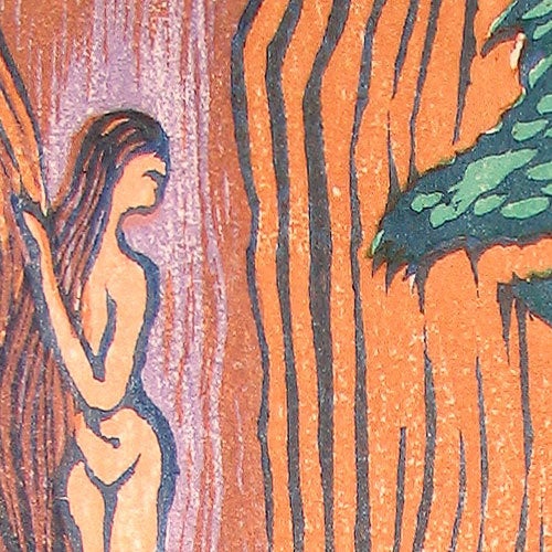 Natures Colors Original Japanese style Woodblock Print Woman Hiding in Tree Trunk With Leaves