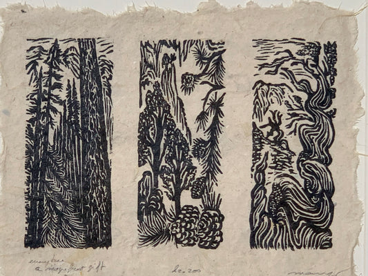SET 3 Woodcut Prints High Sierra Pine Bristlecone Pinyon Trees Nature Landscape