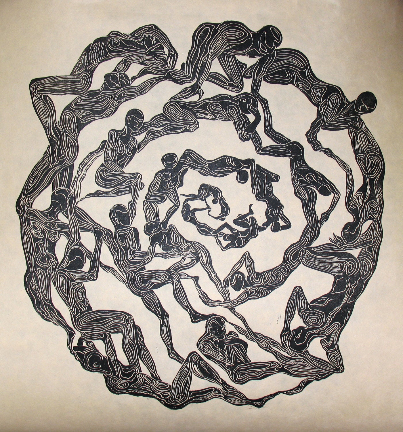 Original Woodcut Print Oculus Surreal Mandala Eye Figures in Circle Large Woodblock Art
