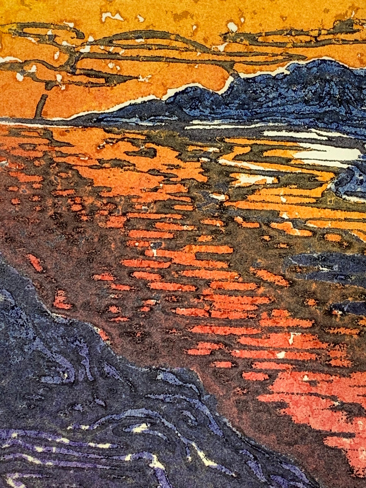Puesta del Sol Bright Sunset Lake Color Original Cork Relief Print Landscape