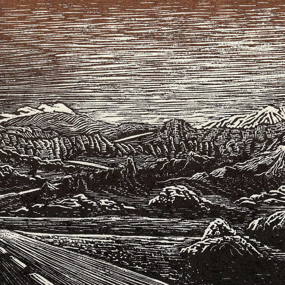 Original Earthtone Wood Engraving Out Early Southwest Desert Road