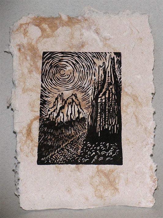 Original Woodcut Monument Valley Utah Temple of Sun and Moon on Varied Fiber Paper