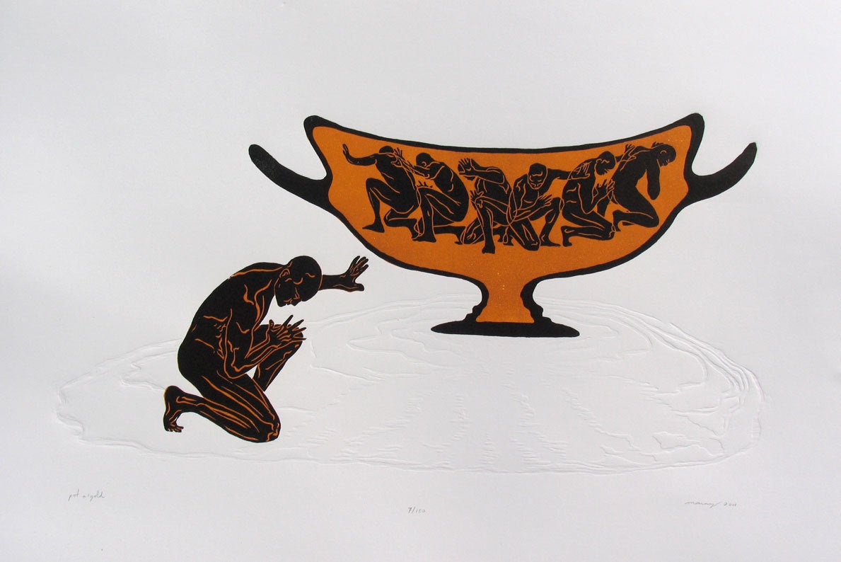 Original Woodcut Print Pot Of Gold Greek Copper Vessel Figures Woodblock Embossed Paper