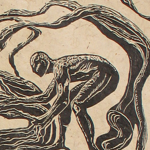 Original Woodcut Large Handmade Paper Surreal Male Figures Tangle Maze Tree Roots Branches