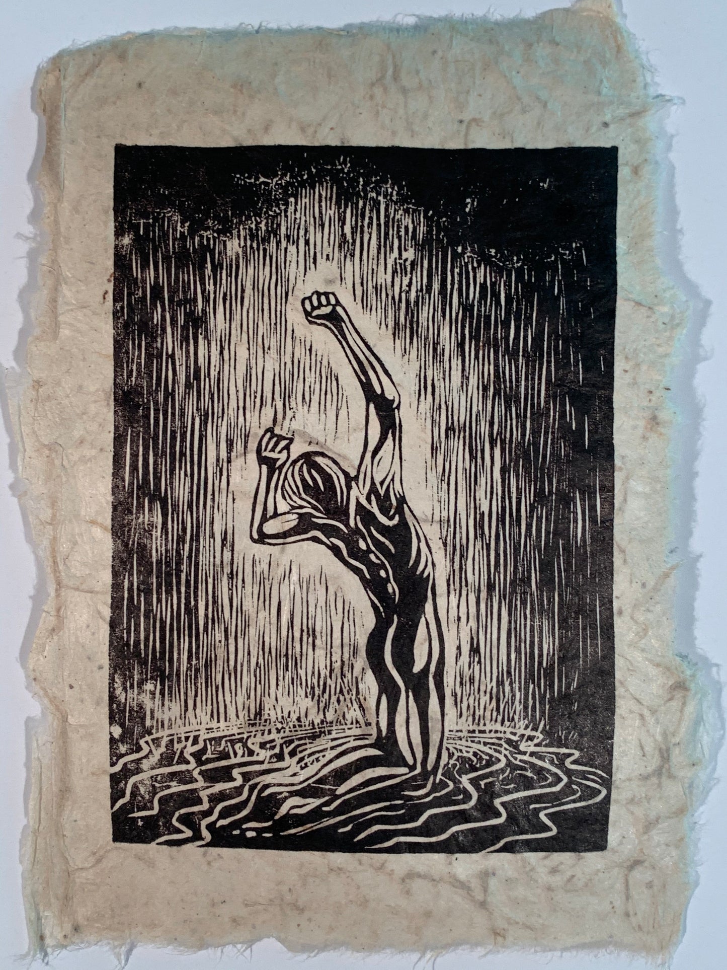 Woodcut Original Print Male Classic Model Pose Sweet Rain Figure
