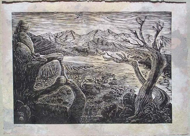 Original woodcut print Southwest Landscape Peaceful Desert Valley Nature Handmade Color Paper