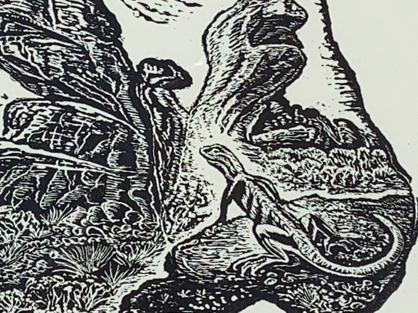 Original Wood Engraving Dragon Valley Lizards Desert Canyon Fantasy Landscape