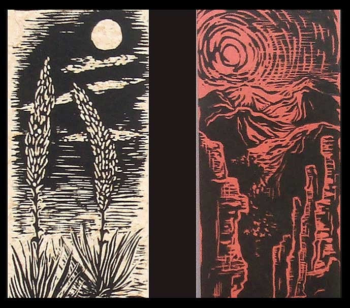 Woodcut Prints Agaves & Red Cliffs Set of 2 Southwest Landscape Woodblock on Handmade Paper