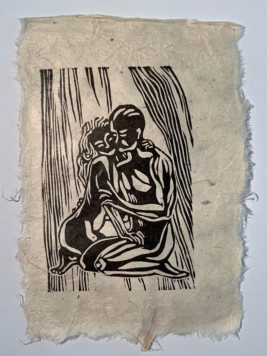 Original Woodcut Print Tender Embrace Classic Figures Couple Hug