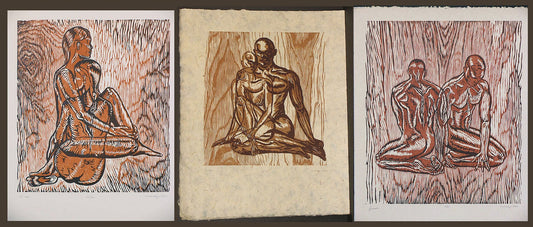 Matched Set of 3 Pure Love Woodcut Prints on Daphne Handmade Paper