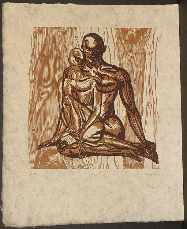 Original Woodcut Earthtones Couple Man Woman Love Together Sitting in Classic Elegant Pose