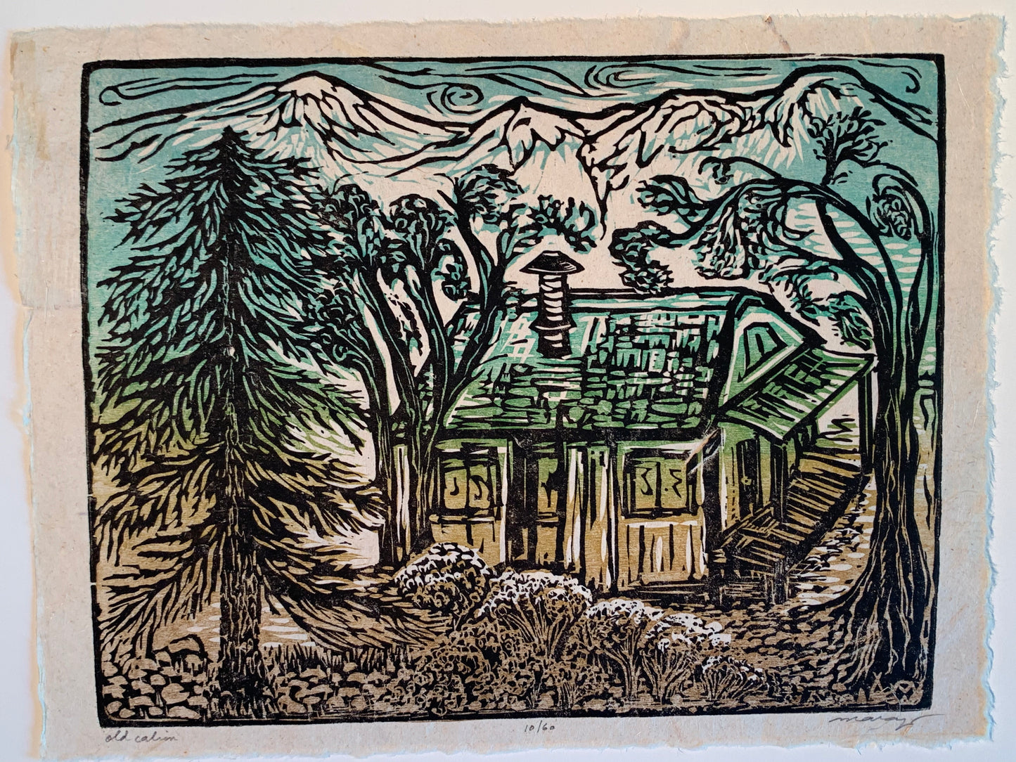 Original Limited Edition Old Cabin Color Woodcut Mountain Cabin Wood Pines