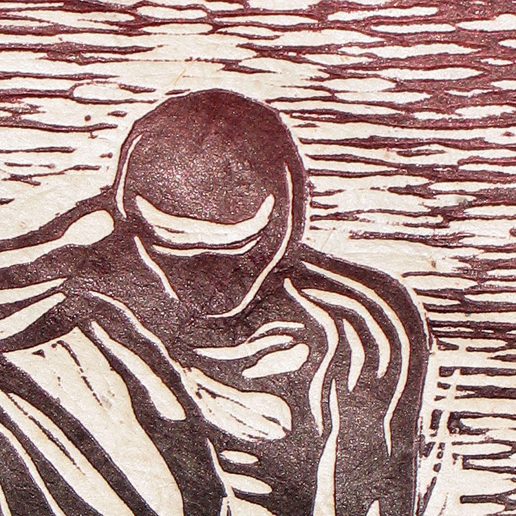 Woodcut Original Print Male Classic Model Pose Reflection The Thinker Red Sky