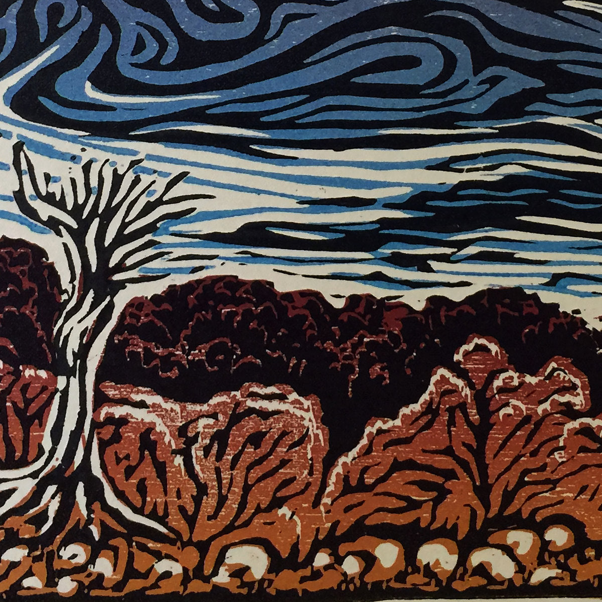 Angry Skies color woodcut Southwest desert landscape winter winds
