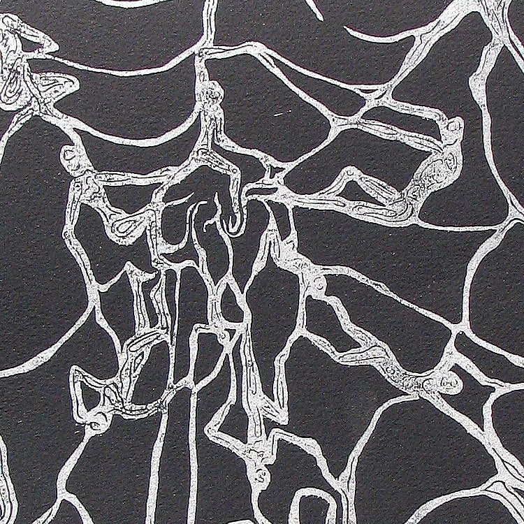 Woodcut Print Original Art Surreal Large Figures Spider Web Silver Ink on Black Paper
